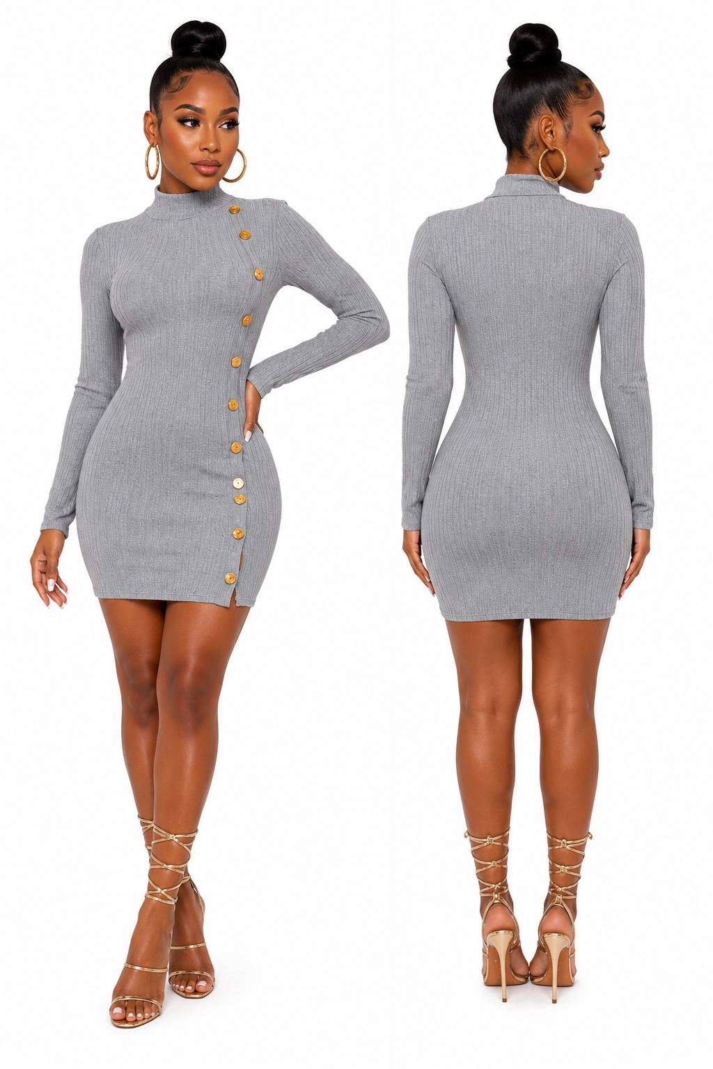 Gray Ribbed Turtleneck Button-Detail Bodycon Mini Dress