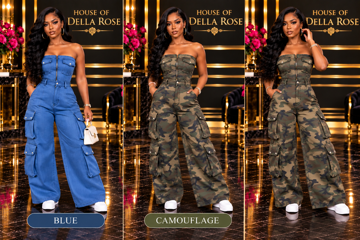 Strapless Cargo Jumpsuit visual in Blue Denim and Camouflage