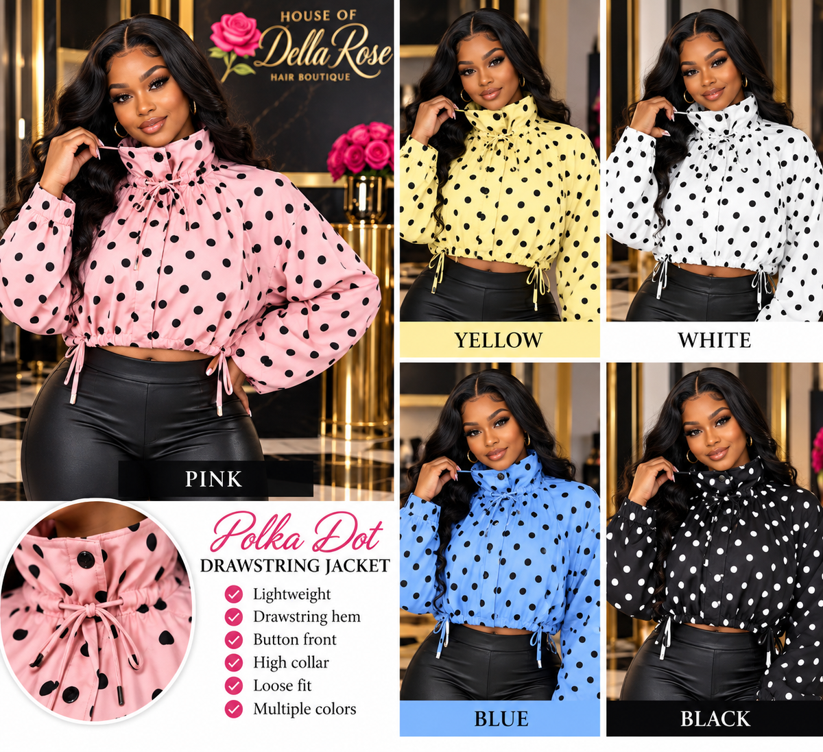 Polka-Dot Drawstring Jacket in Pink, Yellow, White, Blue and Black — House of Della Rose