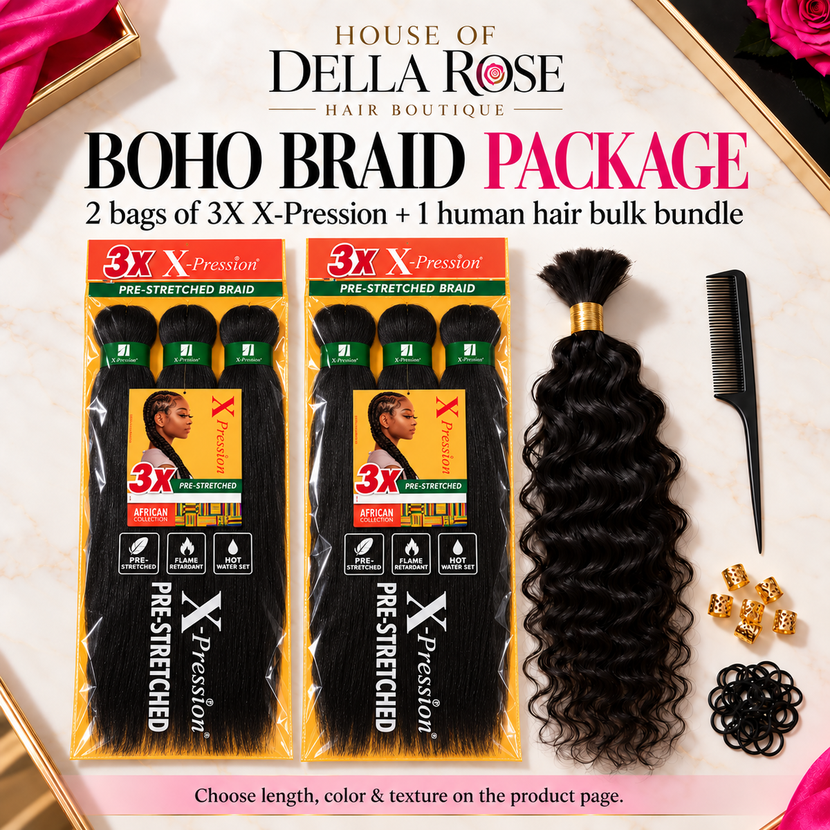 Illustrated boho package: two bags of 3X X-Pression hair, one human bulk bundle, comb, cuffs, rubber bands
