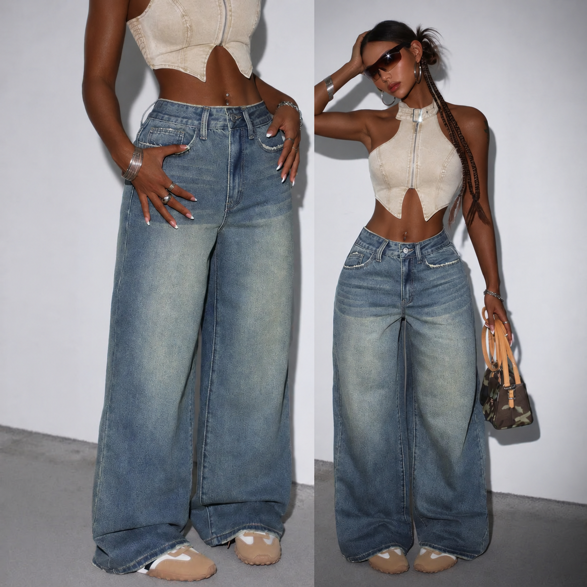 Retro blue wide-leg jeans on the original model with brown skin