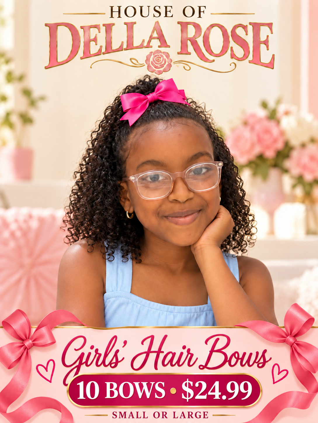 Tailynn modeling a pink hair bow; 10-pack $24.99, small or large.