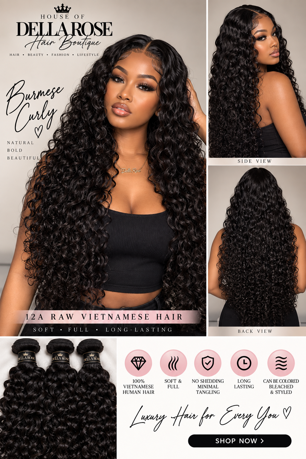 StariaHair 14-30 Inches Burmese Curly 12A Raw Vietnam Hair Bundles #1B Natural Color