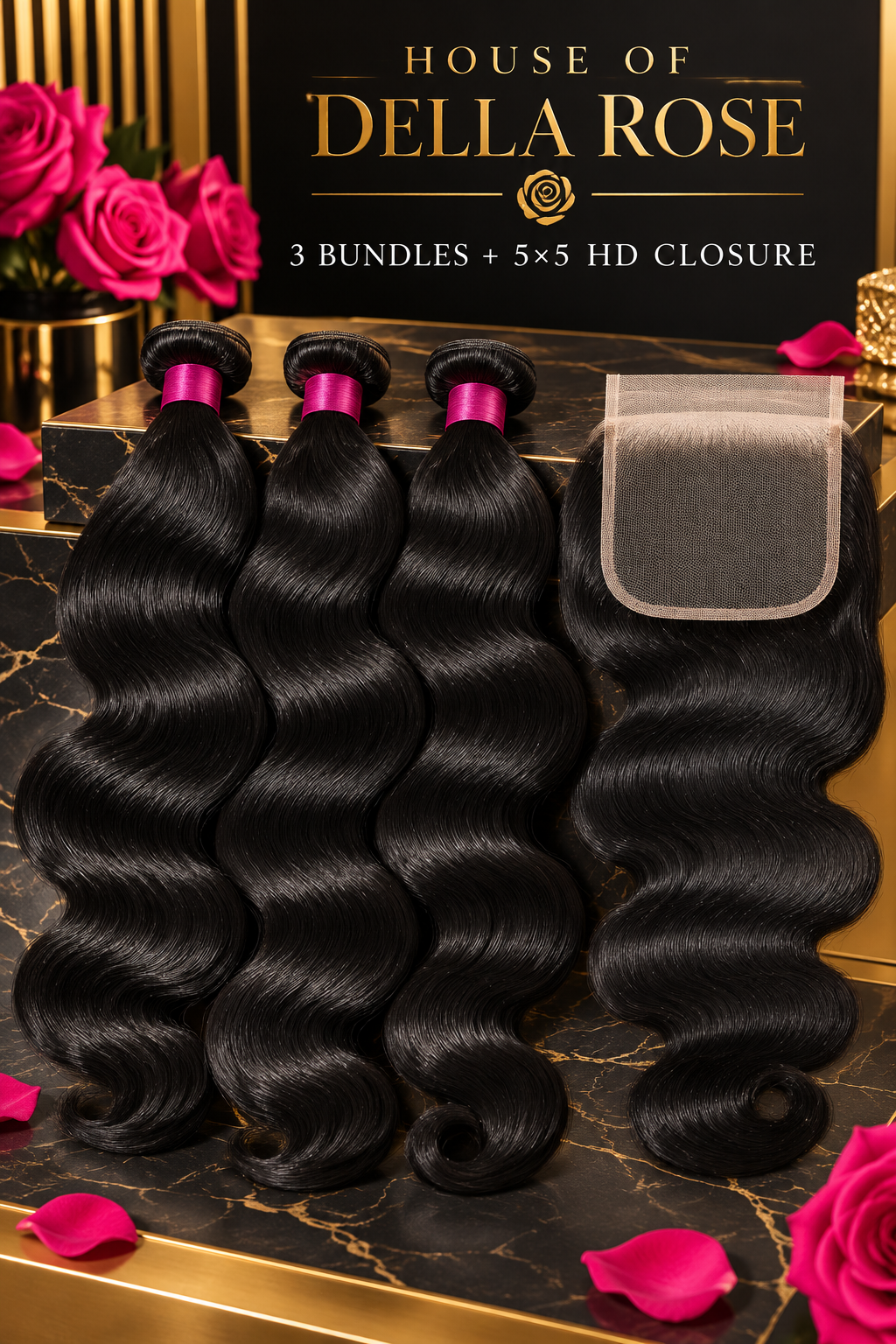 Three body-wave hair bundles and one 5x5 HD lace closure — House of Della Rose