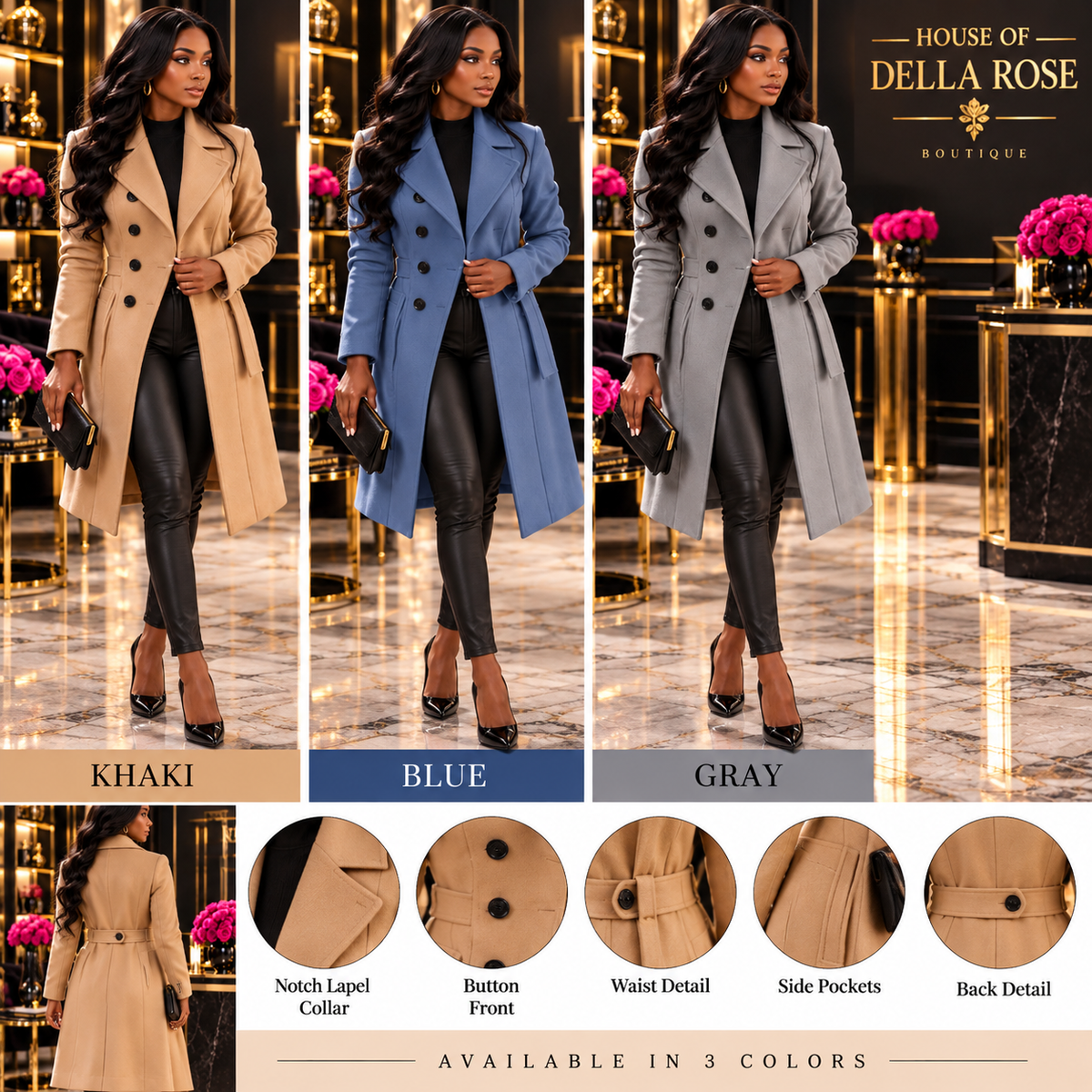 Belted Notch-Lapel Coat in Khaki, Blue and Gray — House of Della Rose