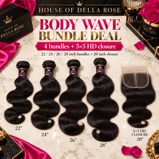 Illustrative five-piece Body Wave set: 22, 24, 26, 28 inch bundles and 20 inch 5x5 HD closure