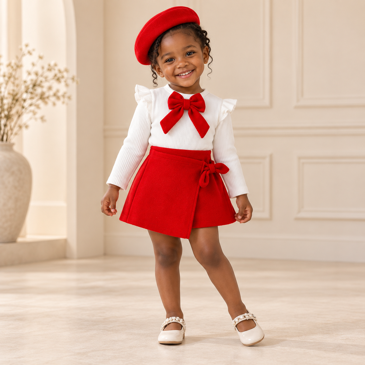 Girls’ Cotton Three-Piece Skirt Set styled on a Black child model