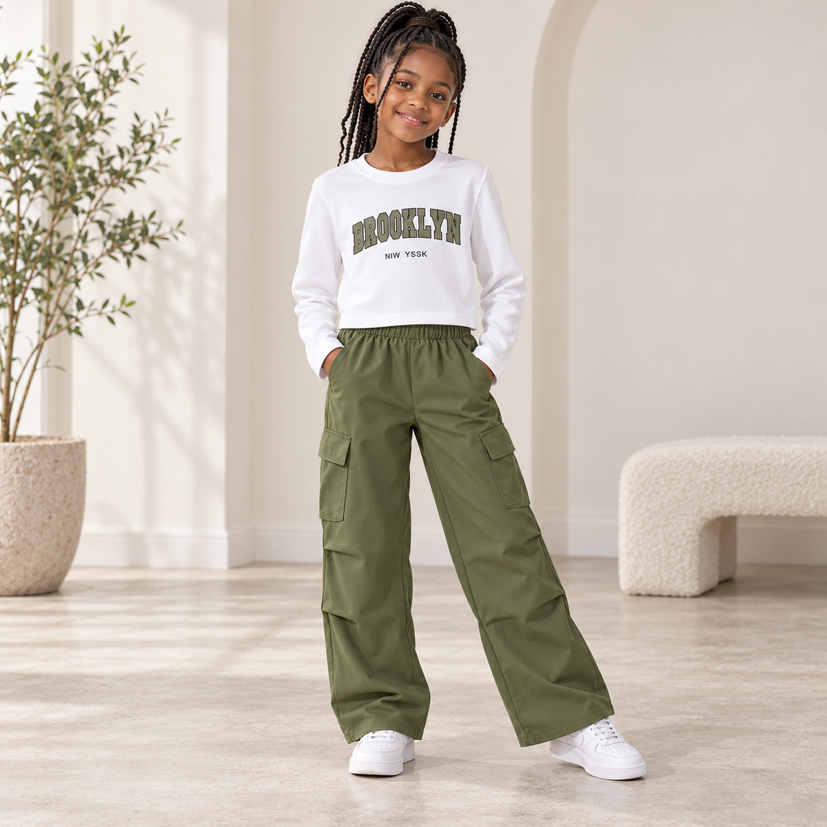 Girls’ Letter-Print Cotton-Blend Pants Set styled on a Black child model