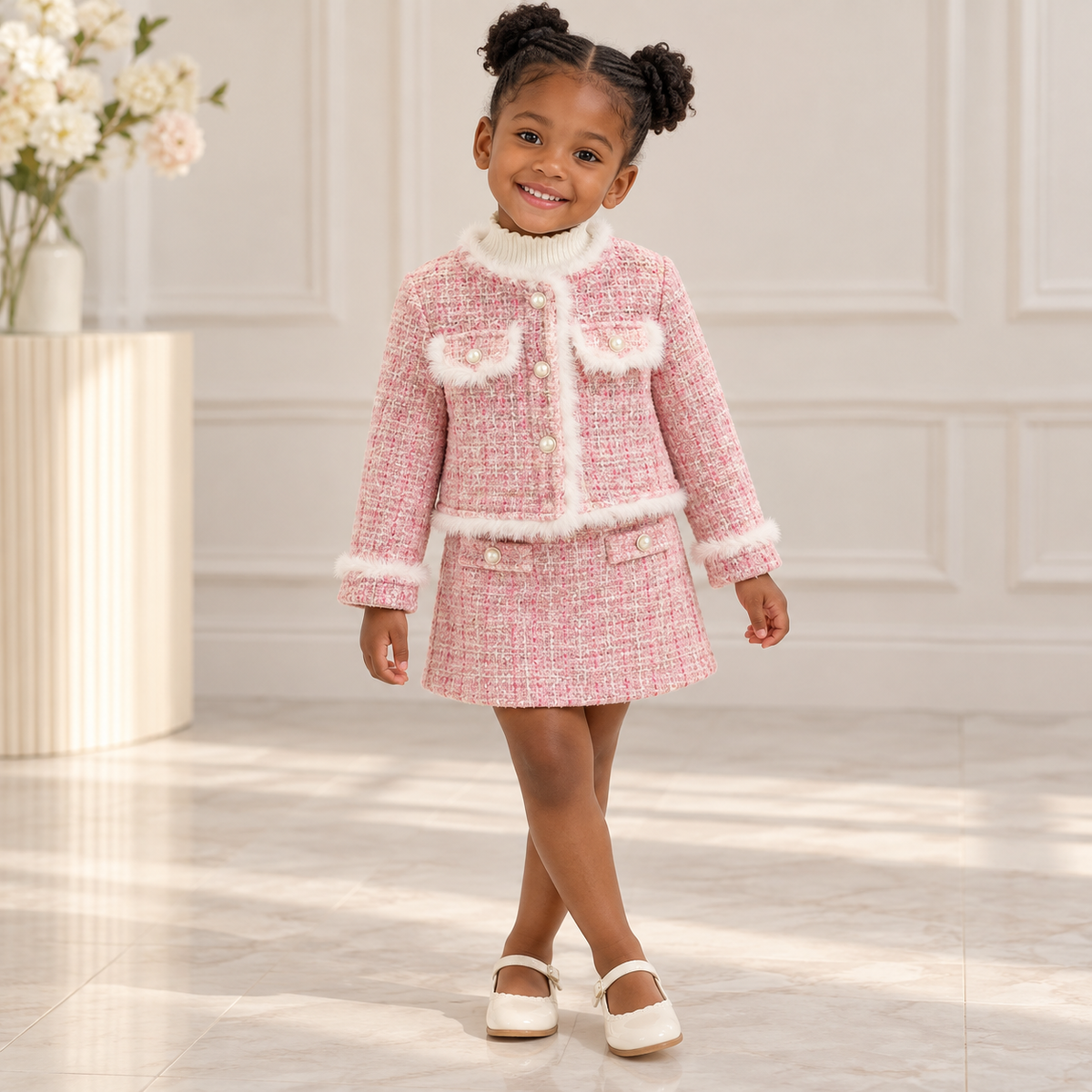 Girls’ Pink Two-Piece Skirt Set styled on a Black child model