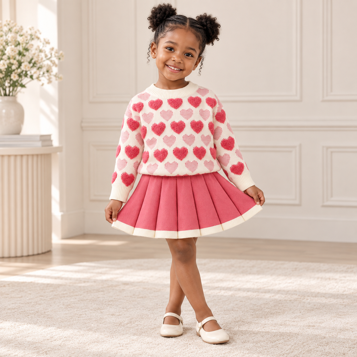 Girls’ Heart-Pattern Knit Two-Piece Skirt Set styled on a Black child model