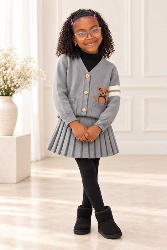 Girls’ Bear-Pattern Two-Piece Skirt Set styled on a Black child model