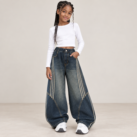 Girls’ High-Waist Cotton-Blend Jeans styled on a Black child model