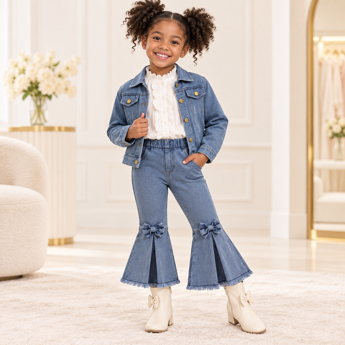 Girls’ Bow-Detail Denim Two-Piece Pants Set styled on a Black child model
