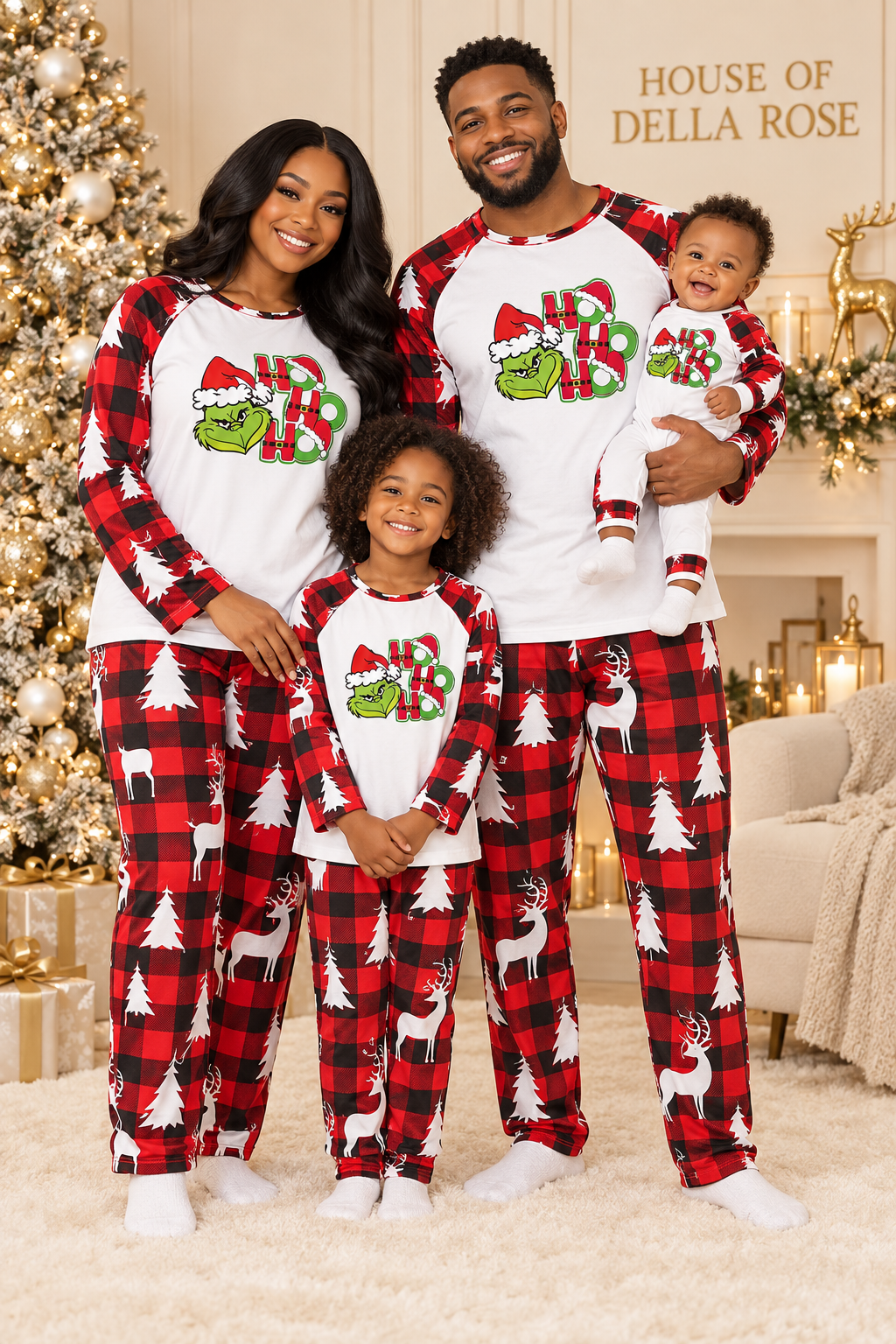 Black family in matching plaid holiday pajamas