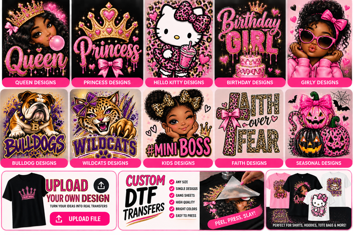 Examples of DTF transfer artwork — upload your own design