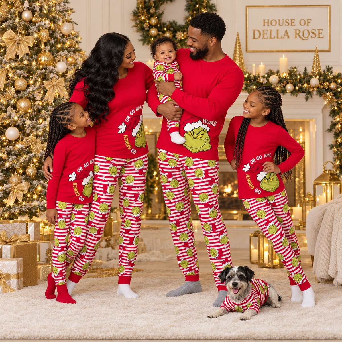Black family in red holiday matching pajamas