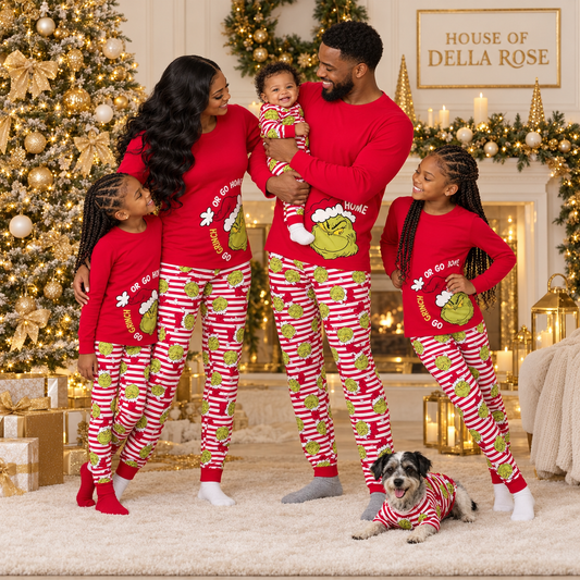 Black family in red holiday matching pajamas