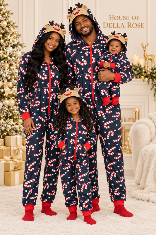 Black family in matching navy reindeer hooded onesies