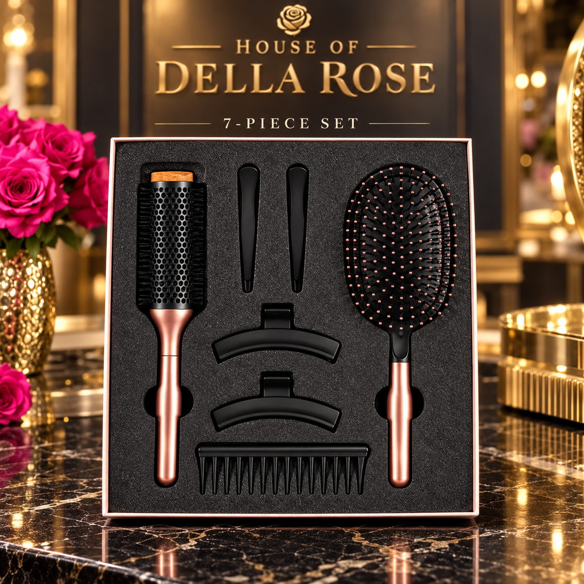 Rose gold seven-piece brush and comb set with clips in House of Della Rose boutique styling