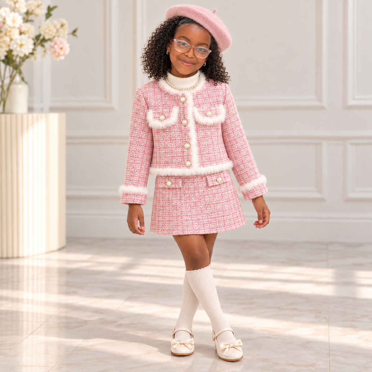 Tailynn in the pink two-piece skirt set with pink beret, pearls and cream bow shoes