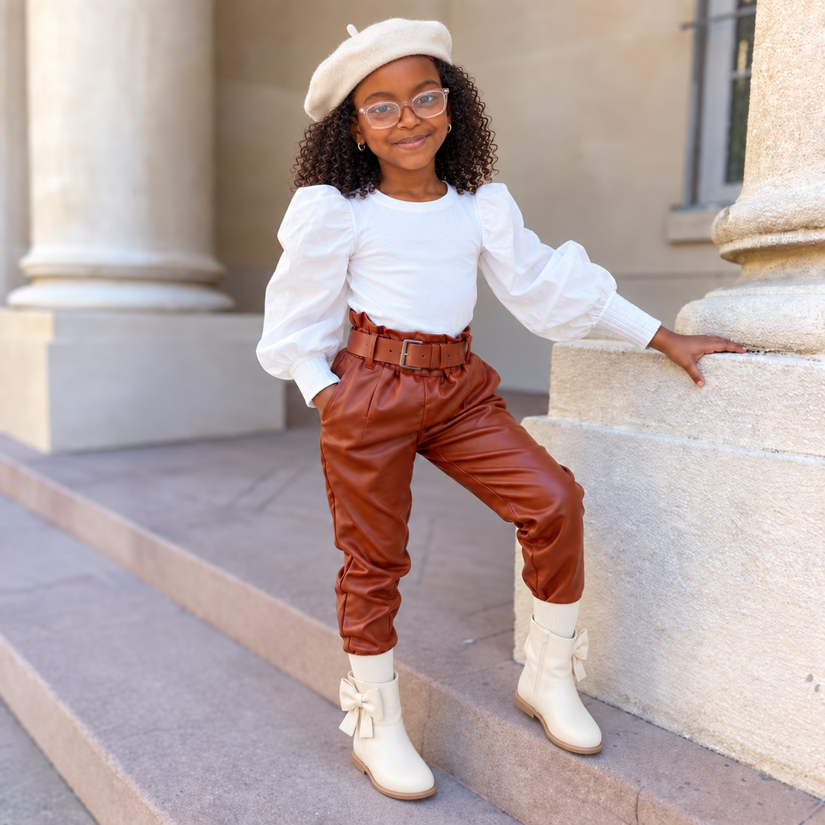 Taylor in white blouse and brown belted pants with cream beret, stockings and bow boots