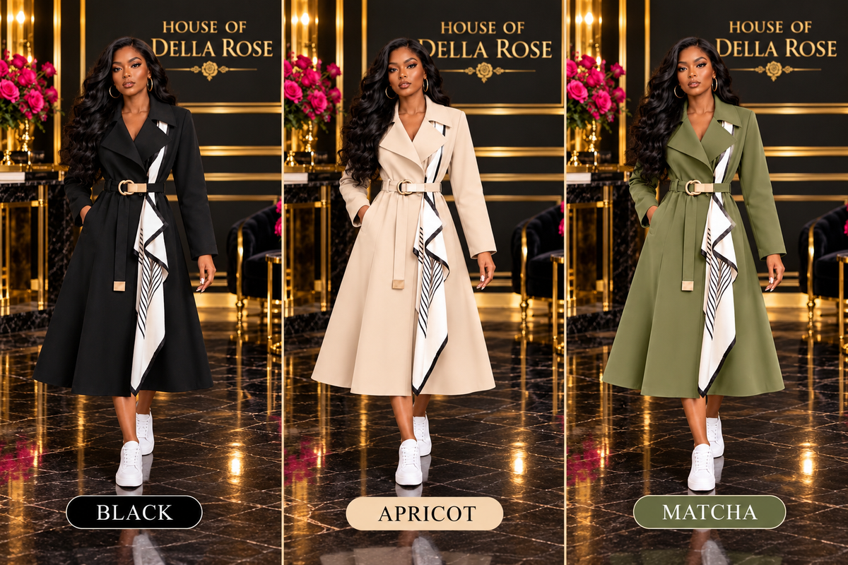 House of Della Rose belted trench coat color visual: Black, Apricot and Matcha