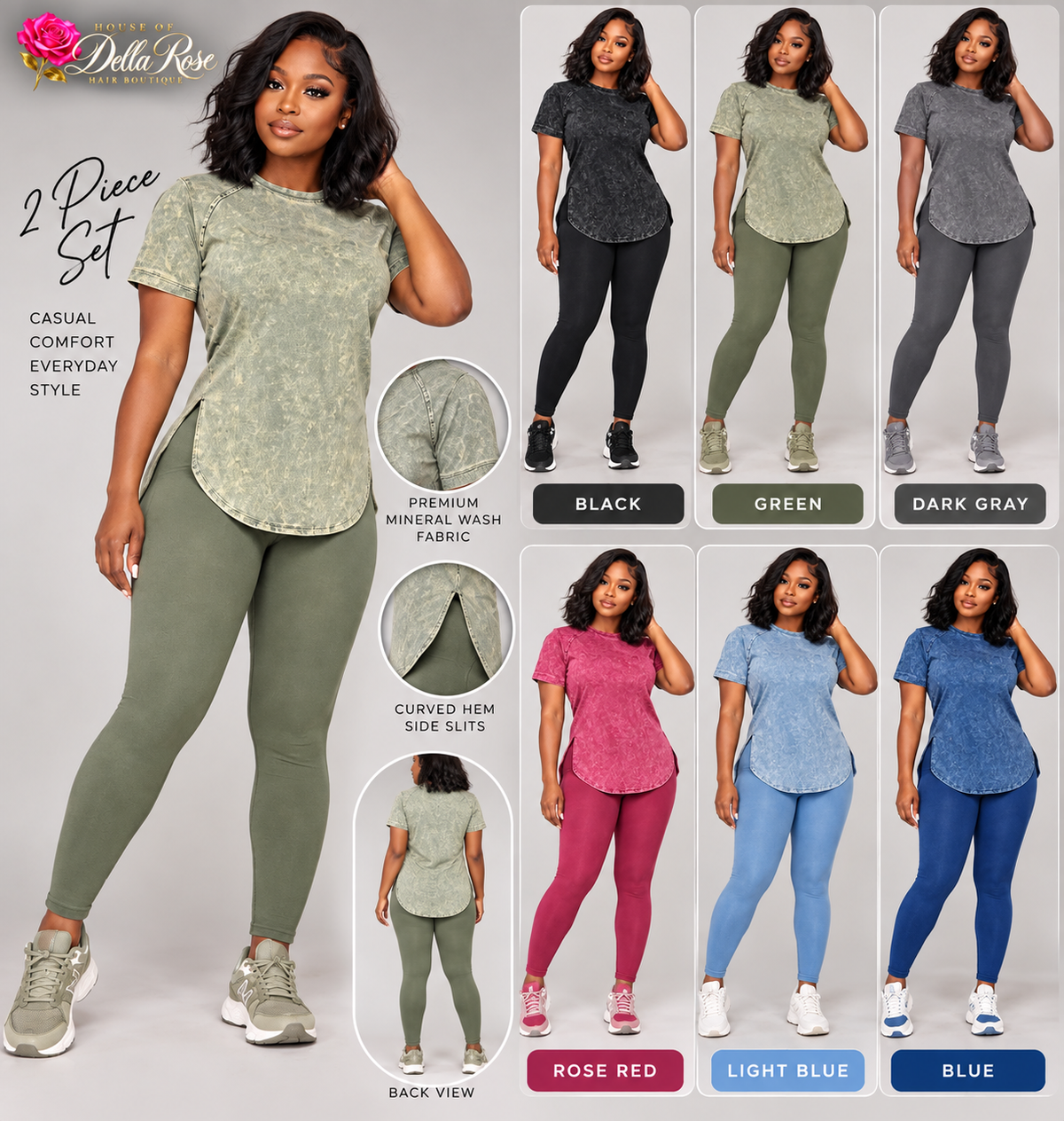 House of Della Rose two-piece pants set in black, green, dark gray, rose red, light blue and blue