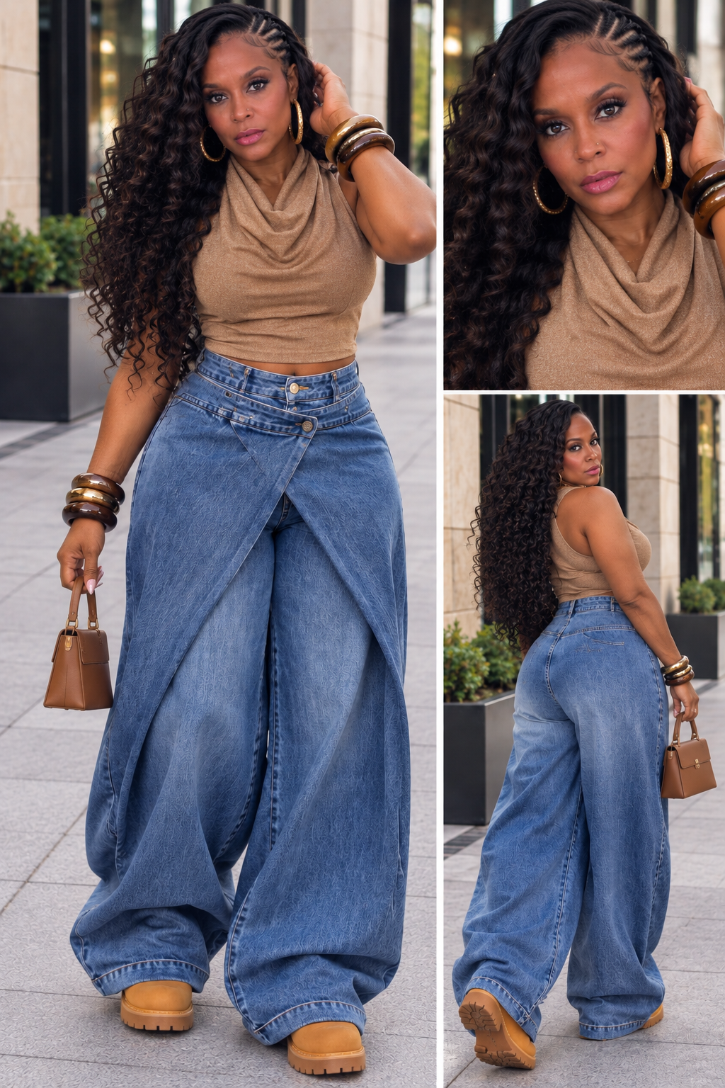 House of Della Rose owner modeling wrap-front wide-leg jeans and brown cowl top