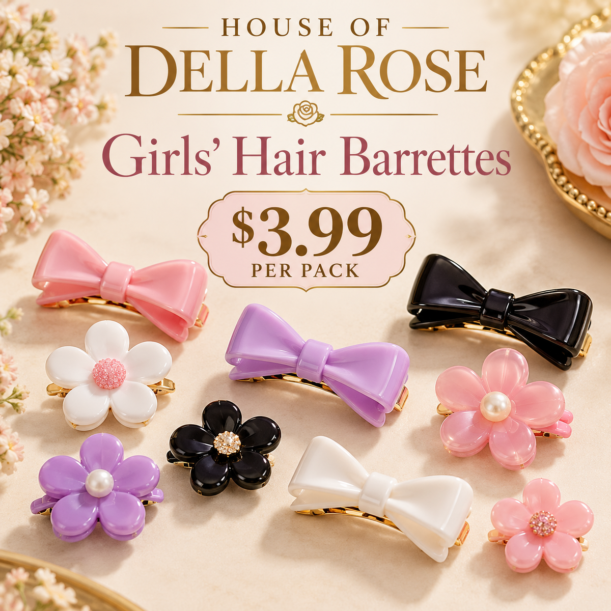 Girls’ hair barrettes promotional illustration — $3.99 per pack.