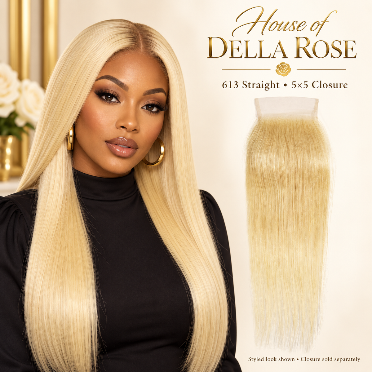 613 blonde straight 5×5 closure alongside a styled blonde look on a Black model