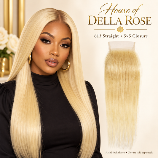 613 blonde straight 5×5 closure alongside a styled blonde look on a Black model