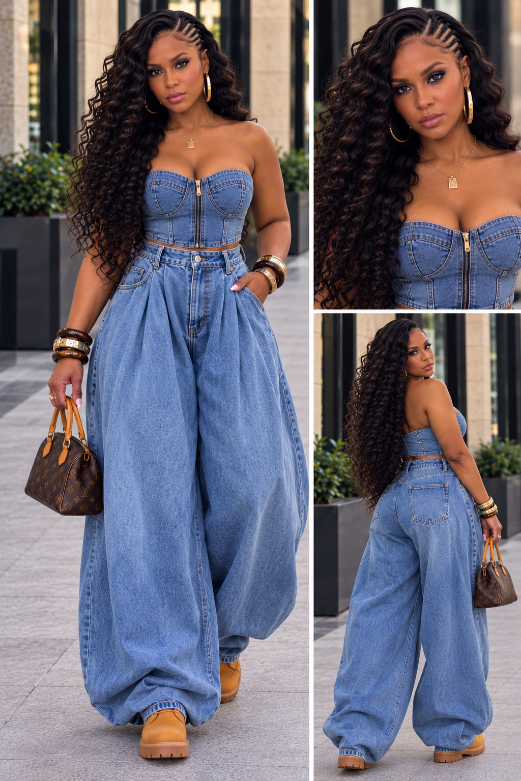 House of Della Rose owner in blue balloon jeans with denim bustier and tan boots