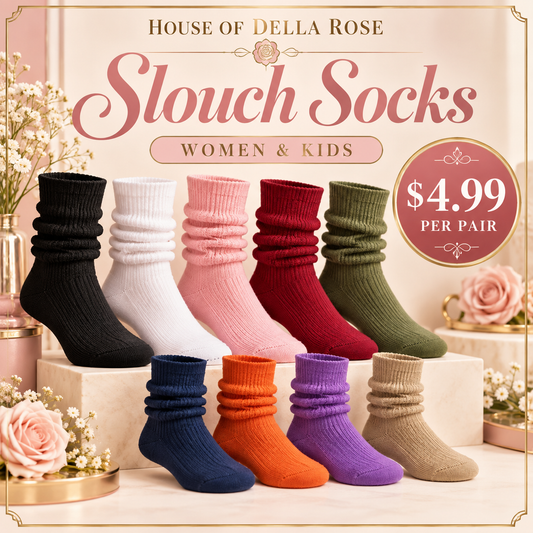 Slouch socks promotional styling illustration — $4.99 per pair.