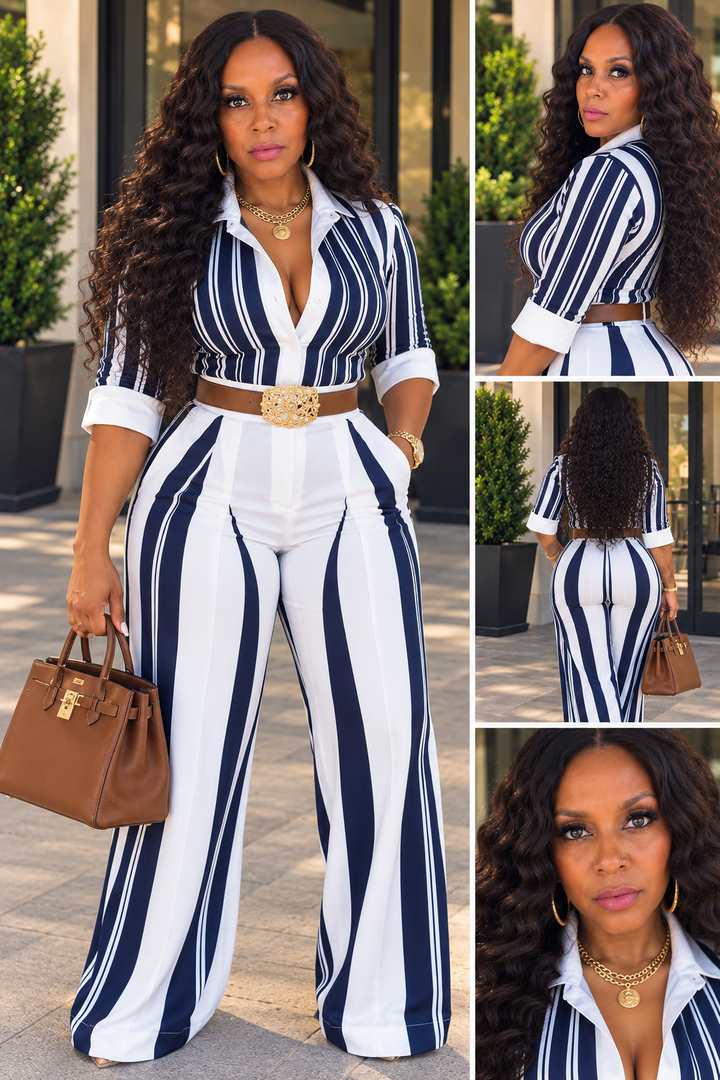 House of Della Rose model wearing blue and white striped two-piece outfit