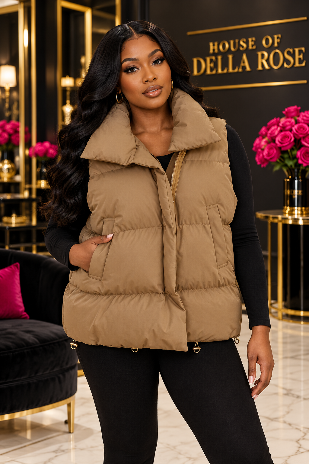 Khaki zip-front puffer vest with pockets on a House of Della Rose model